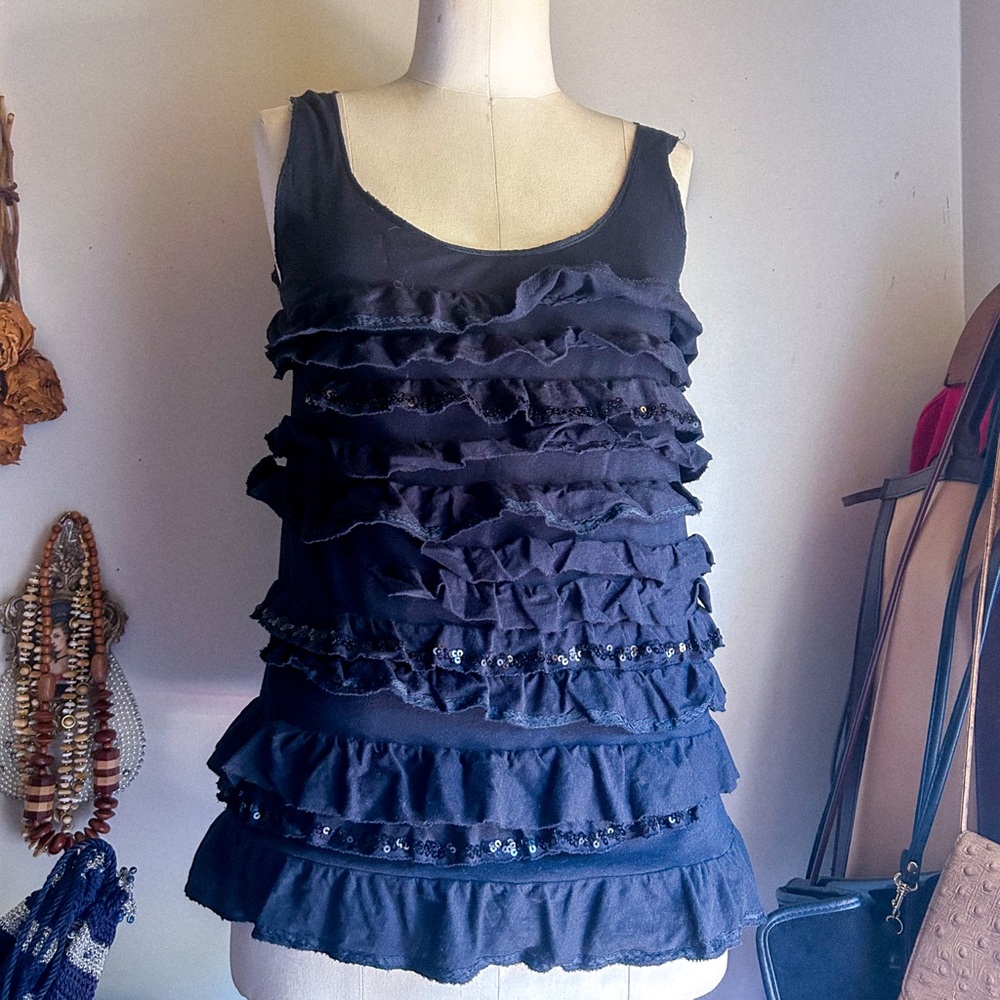 Cool J.Crew 00’s Black Ruffle Sequin Party Tank Top Sz Sm